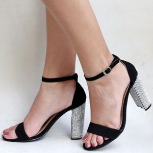 New Black Rhinestone Single Band Chunky Heel Sandals